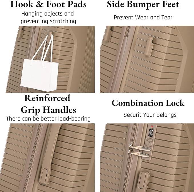 3-Piece PP Hard Shell Spinner Luggage Set (20" 24" 28") with Combination Lock, Adjustable Pull Rod Suitcases, Champagne