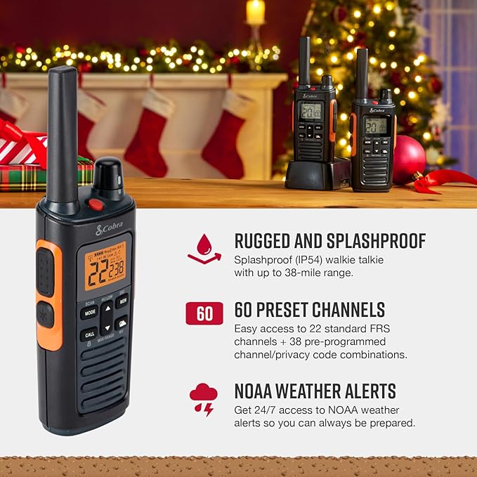 Cobra RX680 Walkie Talkies (2-Pack) - Rugged & Splashproof Two Way Radios Long Range, IP54 Water Resistant Design, 60 Pre-Programmed Channels, Weather Alerts, Included Charging Dock (Black/Orange)
