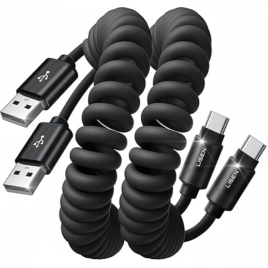 LISEN Coiled USB C Cable, 2 Pack for Android Auto & CarPlay Cable, Short USB A to USB C Cable Compatible with iPhone 17/16/15, Samsung Galaxy S25/S24/S23 A15/A14, Google Pixel 9/8, Space Black 4FT
