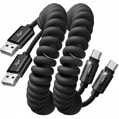LISEN Coiled USB C Cable, 2 Pack for Android Auto & CarPlay Cable, Short USB A to USB C Cable Compatible with iPhone 17/16/15, Samsung Galaxy S25/S24/S23 A15/A14, Google Pixel 9/8, Space Black 4FT