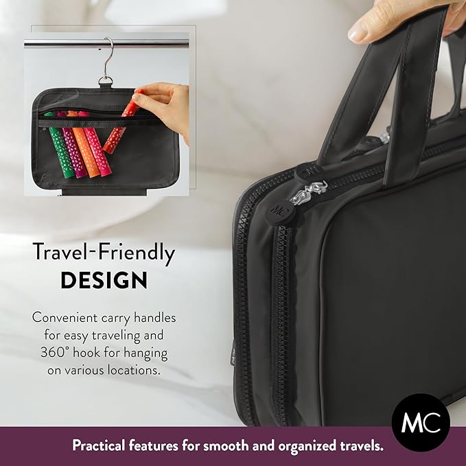 Kids Travel Organizer - Multi-Compartment, Water-Resistant Hanging Bag for Toys, Snacks, & Activities - Compact, Lightweight Design with Hook & Carry Handle - Perfect for Travel Use (Black, Small)