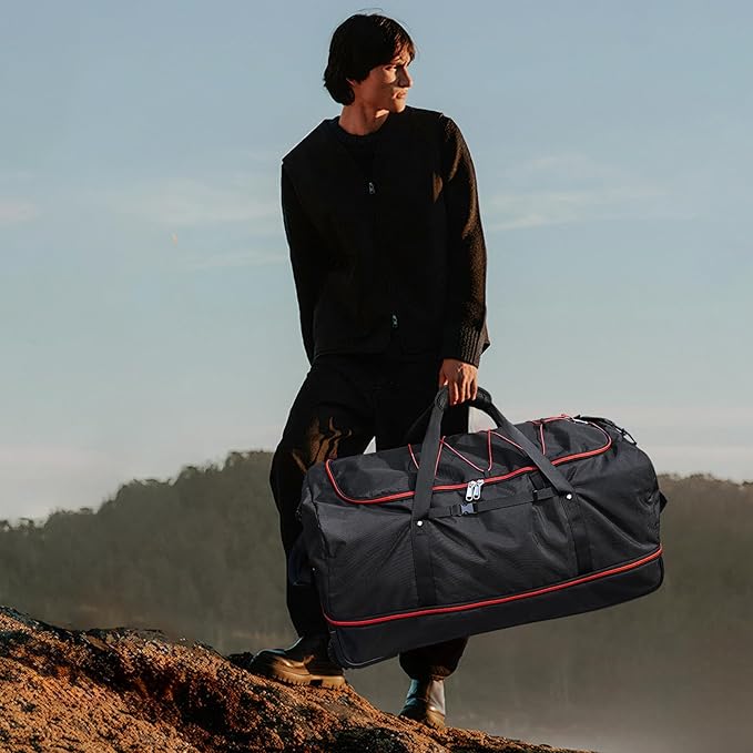 Vomgomfom 32" Soft-Sided Foldable Wheeled Travel Duffel Bag,Expandable 110L to 140L Rolling Cargo Bag with 2 Wheels and Multiple Pockets,Black-red