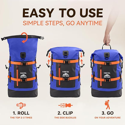 HEETA Dry Bags Waterproof Backpack 40L for Men & Women, Roll Top Heavy Duty Cushioned Hiking Backpack for Kayaking Boating Paddle Boarding Fishing Travel Camping Beach Vacation Cruise Ship Essentials