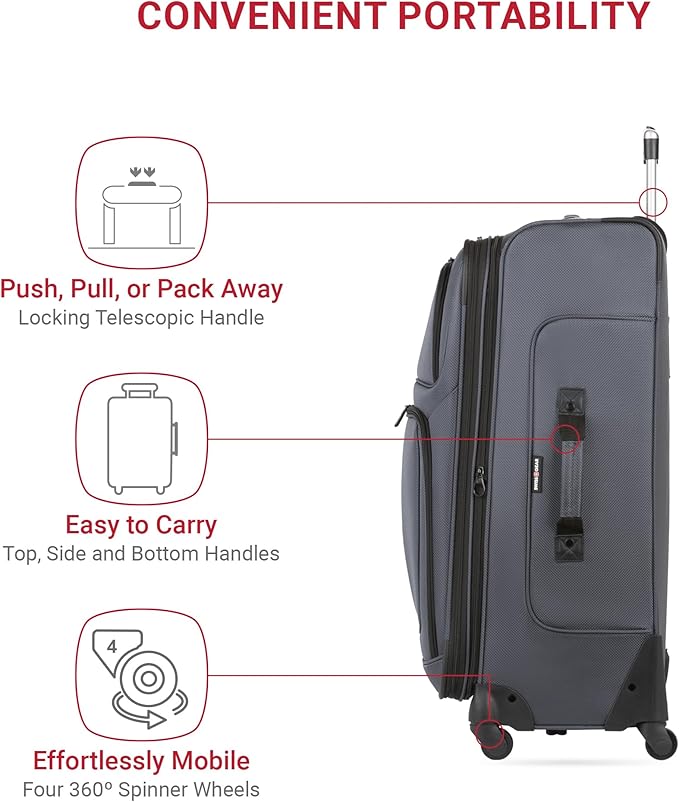 SwissGear Sion 3-Piece Set, Softside Expandable Luggage – 21 Inch Carry-On & 25 & 29 Inch Checked Suitcases with 360 Degree Wheels & Retractable Handless – Dark Gray