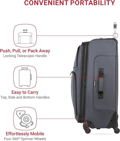 SwissGear Sion Softside Expandable Luggage – Large Checked Suitcase with 360 Degree Wheels & Retractable Handle – 29 Inch, Perfect for 7-9 Night Trips – Dark Gray