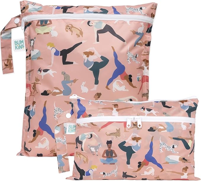 Bumkins - Waterproof Wet Bag & Wet/Dry Clutch Bags - For Beach, Baby, Travel, Swim Suit, Cloth Diapers, Pump Parts, Pool, Gym, Toiletries - Reusable & Easy to Clean - Yoga Pals - 2 Pack
