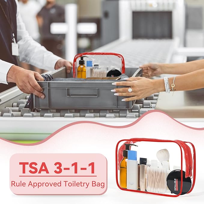 TISRATOK 12 PCS Clear Makeup Bag for Women with Zipper, TSA Approved Toiletry Pouch, Cosmetic Bag Bulk for Travel Organizer Essentials - Red, Medium