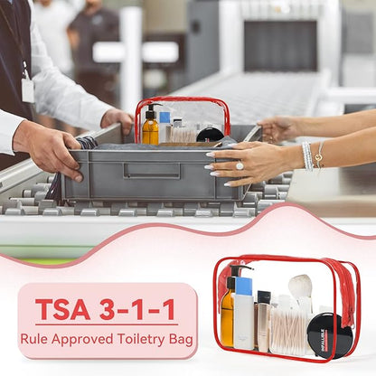 TISRATOK 12 PCS Clear Makeup Bag for Women with Zipper, TSA Approved Toiletry Pouch, Cosmetic Bag Bulk for Travel Organizer Essentials - Red, Medium