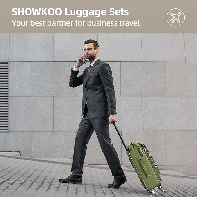 SHOWKOO Luggage Sets 3 Piece Softside Expandable Lightweight Durable Suitcase Sets Double Spinner Wheels TSA Lock Olive Green (20in/24in/28in)