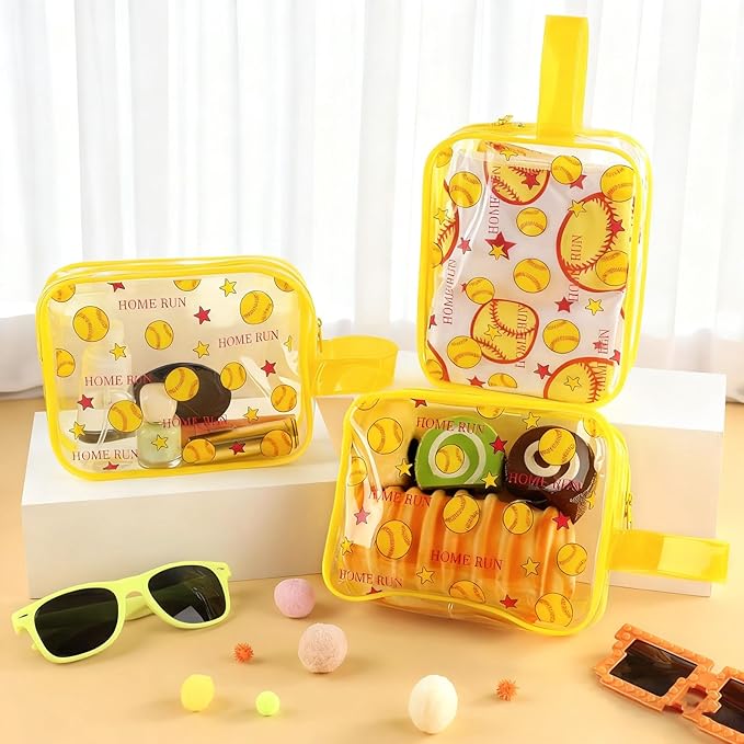 12 PCS Softball Gift Accessories Bags Softball Cosmetic Bags Goodie Snack Makeup Pouch Bag Waterproof Clear PVC Travel Bag with Zipper for Girls Team Gifts Valentine Player Sport Party Favors