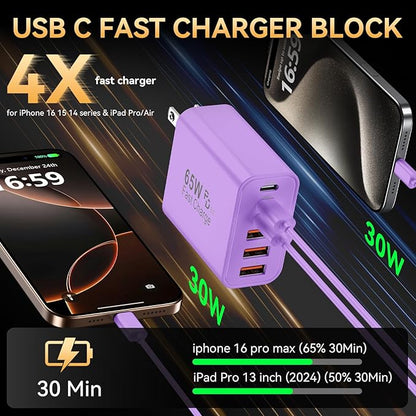 USB C Fast Charger Block, iPhone Charger Fast Charging Blocks 65W Multi Port Charger 6-Ports PD & QC Charging Cube Brick Power Adapter Type C Wall Chargers for iPhone 17/16/15/14/13/12 Pro Max, iPad