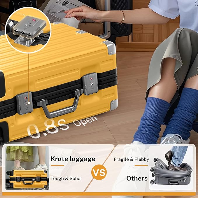 Krute Zipperless Luggage 24 Inch Aluminum Frame Suitcase with Spinner Wheels PC+ABS Hardide Checked Luggage TSA Approved