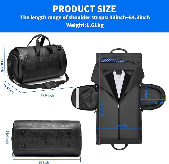Leather Garment Bag，Convertible Garment Duffel Bag for Travel Mens Suit Bag 2 in 1 Waterproof Foldable Carry on Garment Bag with Shoulder Strap Weekender Bag with Shoe Pouch