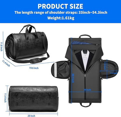 Leather Garment Bag，Convertible Garment Duffel Bag for Travel Mens Suit Bag 2 in 1 Waterproof Foldable Carry on Garment Bag with Shoulder Strap Weekender Bag with Shoe Pouch
