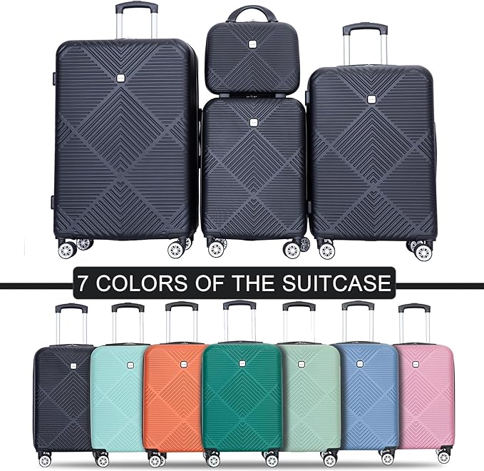 Luggage 4 Piece Set, Hardshell ABS Suitcase Set with Double Spinner Wheels, Lightweight Suitcase, Carry On and Checked Travel Luggage,Dark Black
