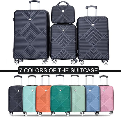 Luggage 4 Piece Set, Hardshell ABS Suitcase Set with Double Spinner Wheels, Lightweight Suitcase, Carry On and Checked Travel Luggage,Dark Black