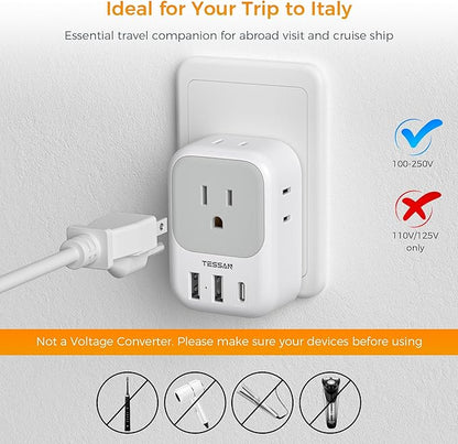 Italy Travel Plug Adapter 2 Pack, TESSAN Italy Power Adaptor with 4 Outlets 3 USB Charger (1 USB C Port), Type L Adapter for US to Chile Libya Syria Tunisia Uruguay