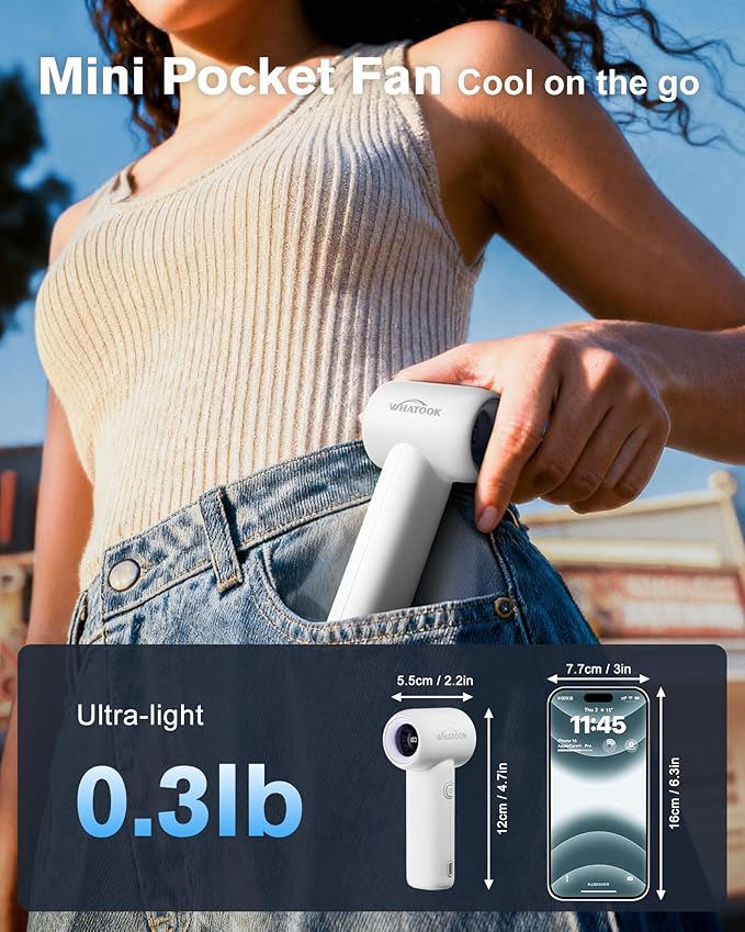 WHATOOK Mini Pocket Fan Portable Handheld Fans,3000mah Small Rechargeable Turbo Personal Fan Travel Essential Outdoor Activities Beach Vacations Camping Gifts for Women face makeup skincare (White)