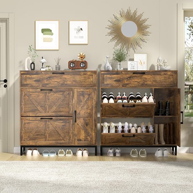 Betterhood Shoe Cabinet for Entryway with 2 Flip Drawers, Slim Freestanding Shoe Rack Organizer, Entryway Shoe Cabinet with Open Storage for Foyer and Hallway (Brown)