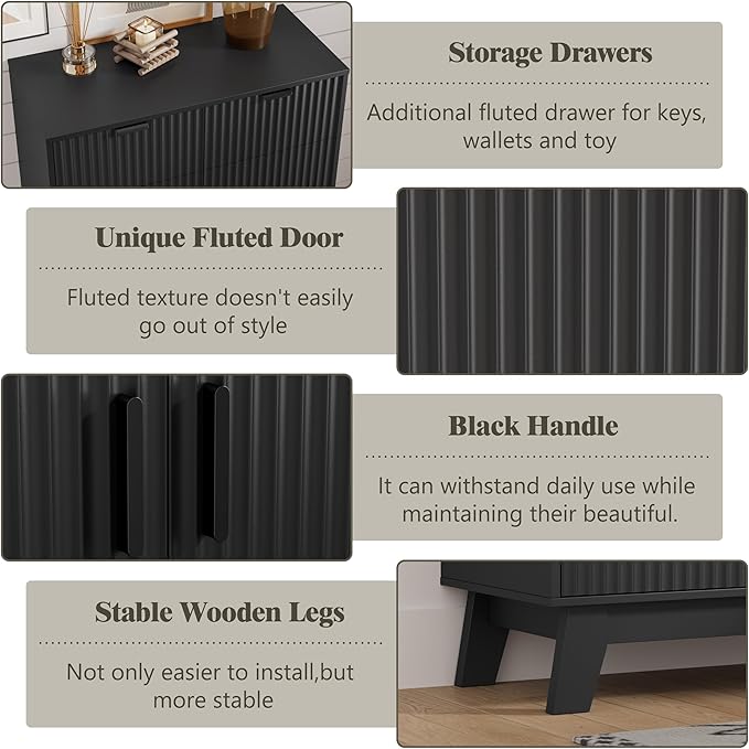 Shoe Cabinet Storage for Entryway with Doors, 4 Tier Fluted Shoe Organizer with 2 Drawers, Entryway Shoe Storage with Adjustable Shelves, Freestanding Hidden Shoe Rack for Front Door Entrance, Black