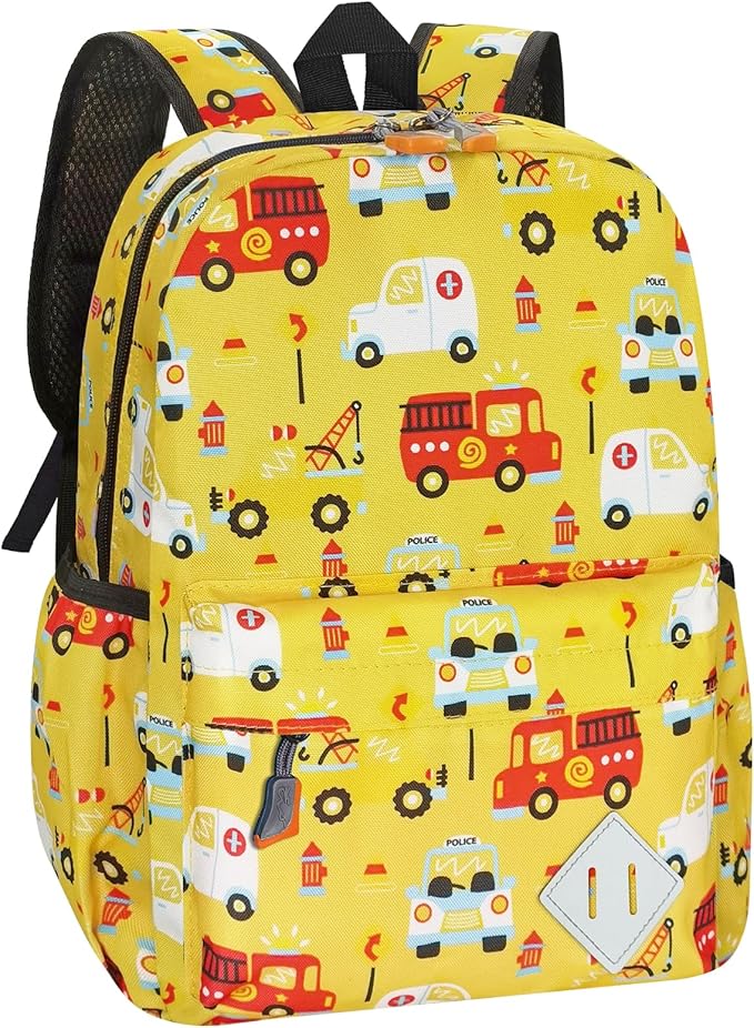 Kids Backpack for Girls Boys - 15 Inch Cute Cars Little Kids Backpack Waterresistant Toddler Preschool Kindergarten School Bag for Aged 3-8, Yellow