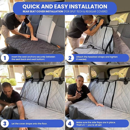 4Knines Back Seat Pet Cover for Dogs w/o Hammock – 54" Wide, Waterproof Car Seat Cover, Non-Slip, Heavy-Duty – Fits Cars, SUVs, Small Trucks – 2 Seat Belt & Latch Access – Back Seat Protector (Grey)