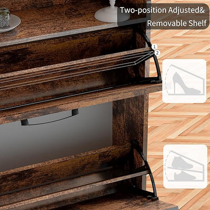 Shoe Cabinet for Entryway, Shoe Organizer Cabinet Slim 9.35", Flip Drawer Shoe Rack with Top Shelf, Narrow Wood Shoe Storage for 34 Pairs, Modern Rustic Entryway Furniture