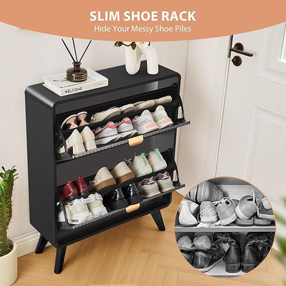 RARZOE Set of 2 Fluted Shoe Storage Cabinets for Entryway, Narrow Curved Shoe Cabinet with 2 Flip Drawers, Freestanding Wood Hidden Shoe Organizer Closed Shoe Rack Cabinet for Foyer,Hallway (Black)