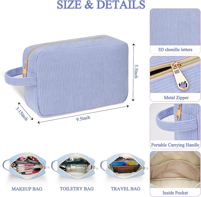 Personalized Initial Makeup Bag Trendy Stuff Corduroy Cosmetic Bag Travel Toiletry Bag, Christmas/Thanksgiving/Halloween Gifts Makeup Organizer Case for Women Girls Mom Girlfriend Wife - Blue