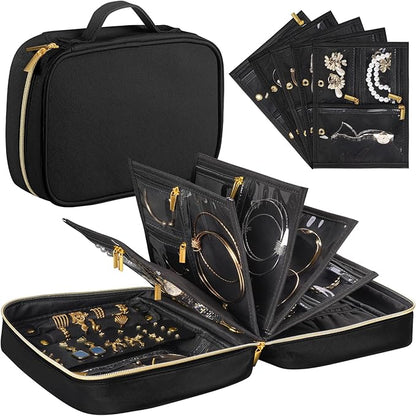 Travel Jewelry Case Organizer for Women, Jewelry Storage Book with Small Pouch, Travel Jewelry Bag Case for Traveling Necklace, Earrings, Rings, Bracelet Organizer (Black)