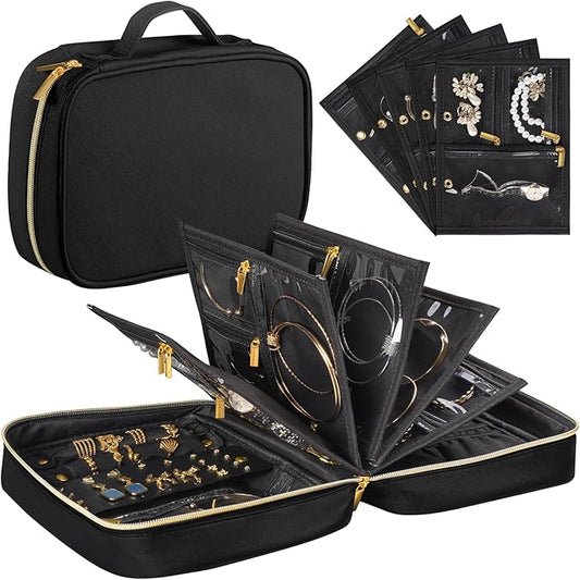 Travel Jewelry Case Organizer for Women, Jewelry Storage Book with Small Pouch, Travel Jewelry Bag Case for Traveling Necklace, Earrings, Rings, Bracelet Organizer (Black)