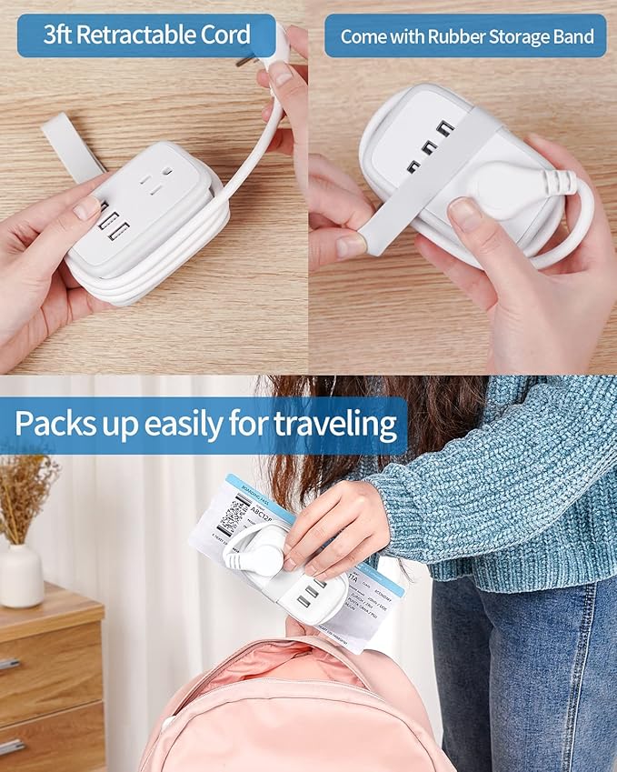 Travel Power Strip with USB Ports, NTONPOWER 2 Widely Outlets 3 USB with 3FT Short Extension Cord Flat Plug, Mini Power Strip Flat Plug, Portable Small Size for Travel Cruise Essentials, White