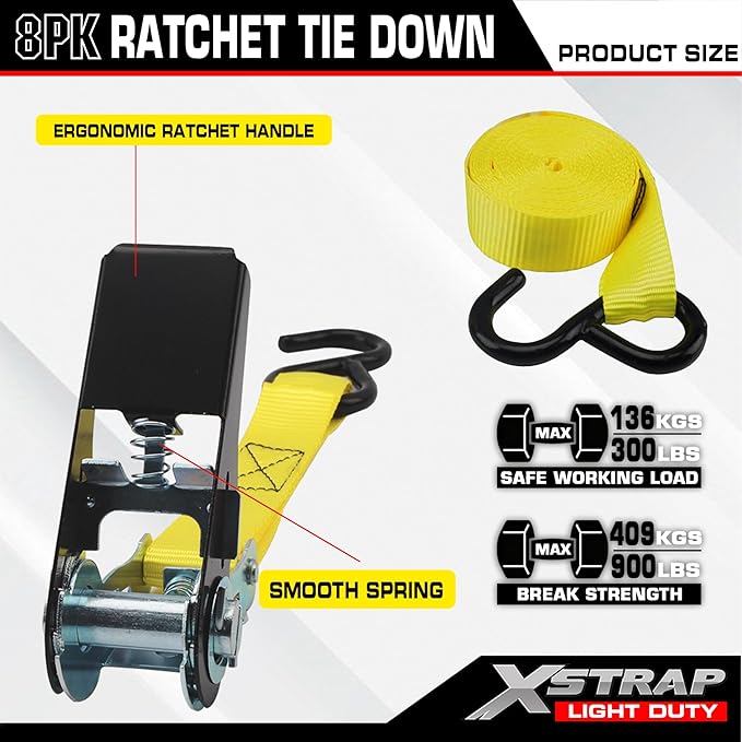 XSTRAP STANDARD Ratchet Tie Down Straps - 8PK - 1'' x 10 ft - 900 LB Break Strength Cargo Straps for Moving Appliances, Lawn Equipment, Motorcycle Yellow