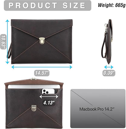 Top Grain Leather 14.2" Slim Laptop Bag Case, Envelope Style, Removable Wristlet & 3 Pockets, Fits MacBook Pro 14 Inch 2021 2022 M1 Pro/M1 Max A2442 & Other Laptop, Black Coffee 14.2 Inch