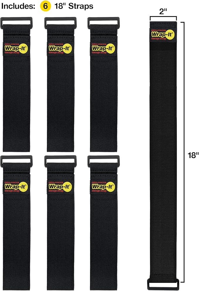 Wrap-It Storage - Super-Stretch, 18" (6 Pack) - Elastic Hook and Loop Cinch Straps - Extension Cord Organizer, Hose and Cables Straps, Cord Wrap