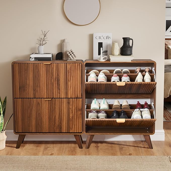 RARZOE Set of 2 Fluted Shoe Storage Cabinets for Entryway, Narrow Curved Shoe Cabinet with 2 Flip Drawers, Freestanding Wood Hidden Shoe Organizer Closed Shoe Rack Cabinet for Foyer,Hallway (Walnut)