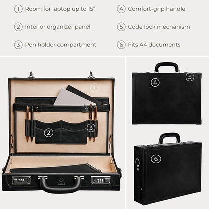 Time Resistance Leather Attache Case - Full Grain Italian Leather Briefcase - Laptop Bag up to 15” - Hard Case with Lock