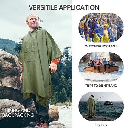 PTEROMY Hooded Rain Poncho for Adult with Pocket, Waterproof Lightweight Unisex Raincoat for Hiking Camping Emergency