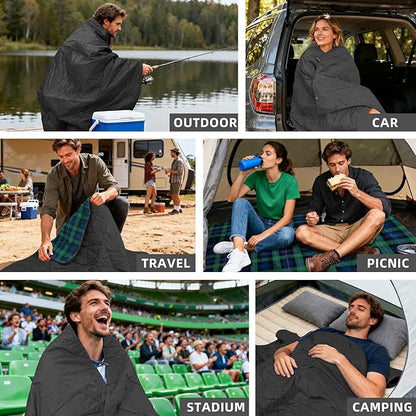 Outdoor Waterproof Blanket, Foldable Fleece Stadium Blanket for Outdoor Sports Event, Camping, Car, Pet, Picnics - Windproof, Wearable, Machine Washable 80" x 58" (Green Check)