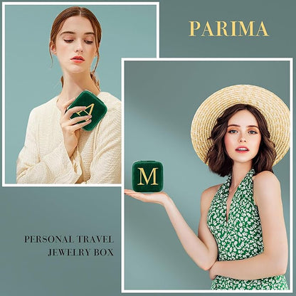 Parima Plush Velvet Travel Jewelry Organizer for Women - Personalized Small Jewelry Boxes Travel Essentials Gifts for Women Mom Friends Birthday Her Bridesmaids Teenage Gifts Idea - Letter I, Green