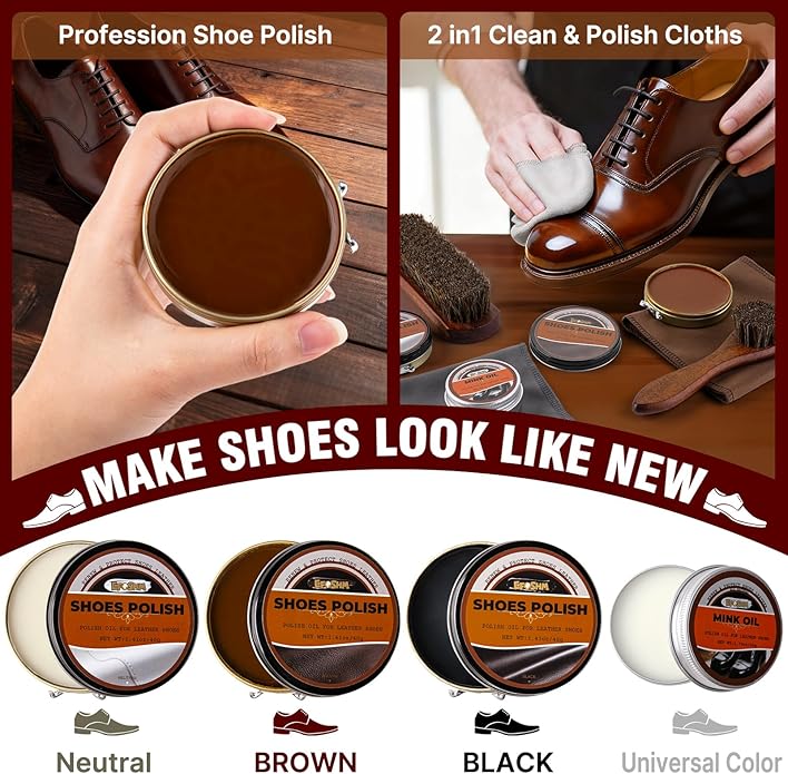 15-in-1 Shoe Shine Kit & Leather Polish Set with 4 Horsehair Brushes, Black Brown Neutral Wax, Mink Oil & 3 Cloths Shine Sponges Boot Care & Cleaning Gifts for Men Women with Portable Leather Case