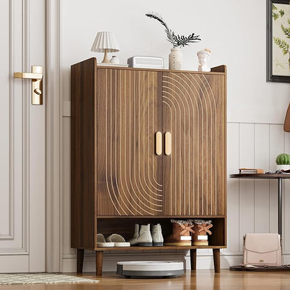 Shoe Cabinet with Doors, 6-Tier Shoe Storage Cabinet with Adjustable Shelves,Freestanding Shoes Rack Shoe Storage Organizer for Entryway, Hallway, Closet (Walnut)