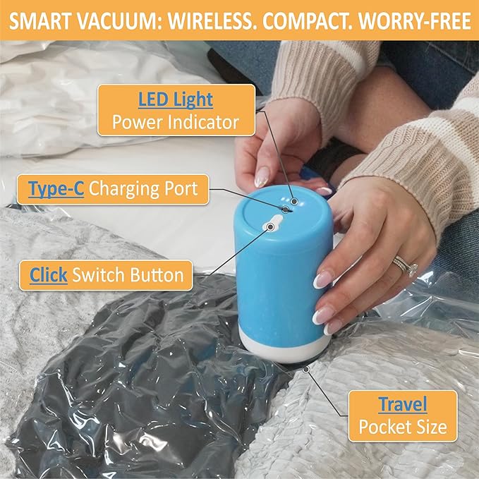 22 Pack Vacuum Storage Bags with Rechargeable Wireless Electric Pump, Vacuum Seal Space Saver Bags for Clothing, Pillows, Blanket, Bedding, Comforter