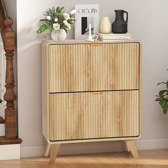 RARZOE Fluted Shoe Storage Cabinet with 2 Flip Drawers, Narrow Curved Shoe Cabinet for Entryway, Freestanding Wood Hidden Shoe Organizer Closed Shoe Rack Cabinet for Foyer,Hallway (27.5''Natural)