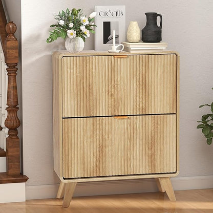RARZOE Fluted Shoe Storage Cabinet with 2 Flip Drawers, Narrow Curved Shoe Cabinet for Entryway, Freestanding Wood Hidden Shoe Organizer Closed Shoe Rack Cabinet for Foyer,Hallway (27.5''Natural)
