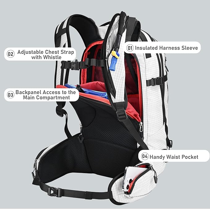 25L Ski Hydration Backpack with 2L Water Bladder, Insulated Harness, Waterproof Snowboard Travel Hiking Backpack for Snowboard Ski Hiking Camping