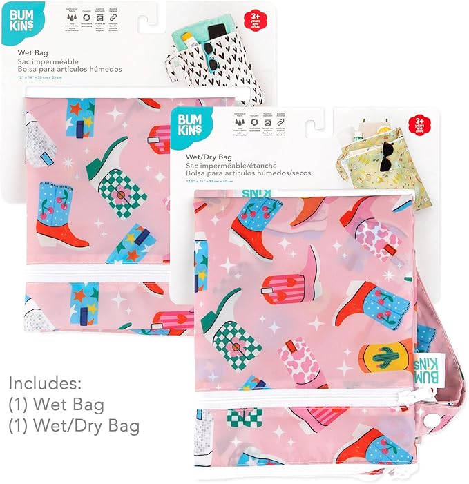 Bumkins - Waterproof Wet and Wetdry Bags - For Beach, Baby, Travel, Swim Suit, Cloth Diapers, Pump Parts, Pool, Gym, Toiletries - Reusable & Easy to Clean - Cowgirl Boots - 2 Pack