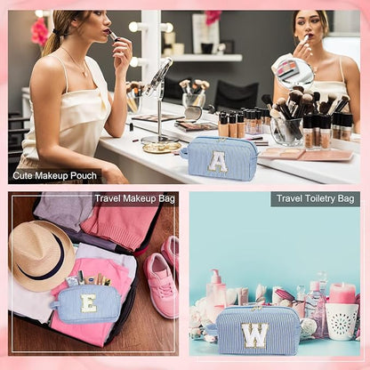 YOOLIFE Teen Girls Makeup Bag - Monogram Makeup Bags Cosmetic Toiletry Pouch Make Up Case for Women Her Best Friend Friendship Sister Teacher, Personalized Birthday Gifts for Women, Blue W