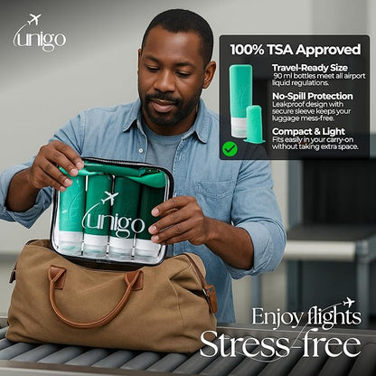 unigo Travel Bottles For Toiletries, TSA Approved Containers, Travel Size Toiletries, Shampoo and Conditioner Bottles, Leak Proof and Refillable Bottles, BPA Free, Extra Bottle Covers (Green)