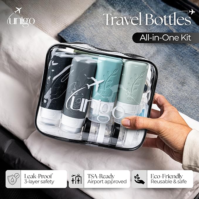 unigo 30pack Full Set TSA Approved Travel Bottles for toiletries, Travel Size Containers for Toiletries, Refillable Leakproof Shampoo and Conditioner Bottles, Toiletry Containers (Gray)